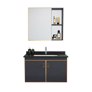 Mueble de baño nórdico moderno de aluminio gris, montado en la pared, con espejo y lavabo de cerámica de una pieza. - Product Image 4