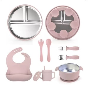 6Pcs 304 스테인레스 스틸 실리콘 아기 식기 세트 흡입 그릇 손잡이가 있는 분할 접시 어린이 식사기구 세트 - Product Image 4