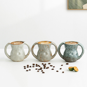 แก้วมัคเซรามิคสองหูจับดีไซน์สร้างสรรค์ แก้วกาแฟเซรามิคสไตล์เรโทร แก้วเซรามิคสำหรับลาเต้อาร์ต - Product Image 4
