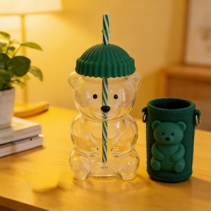 Gobelets à boisson multicolores de 20 oz, résistants à la chaleur, en verre, avec paille, motif ours mignon, pour café, jus, thé et lait - Product Image 5