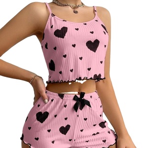 YYQ113 pantaloncini <span class=keywords><strong>a</strong></span> canotta con stampa pigiama <span class=keywords><strong>a</strong></span> forma di cuore stampati <span class=keywords><strong>a</strong></span> righe da donna di grandi dimensioni per dormire <span class=keywords><strong>a</strong></span> casa Casual - Product Image 1