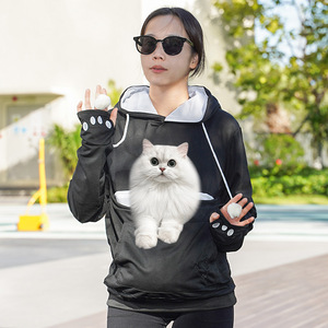 เสื้อฮู้ดผู้หญิงมีกระเป๋าแมว สีเทา ผ้าถัก ป้องกันขนร่วง เสื้อสวมหัวลำลอง สำหรับฤดูใบไม้ร่วงและฤดูหนาว - Product Image 4