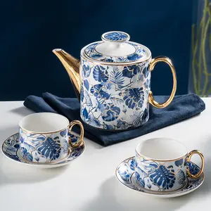 Service à thé et café en porcelaine royale, de luxe, en porcelaine bleue, avec feuille de banane, style européen, tasses à thé en porcelaine