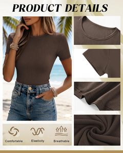 T-<span class=keywords><strong>shirt</strong></span> personnalisé pour <span class=keywords><strong>femme</strong></span>, coupe ajustée, col rond, côtelé, extensible, manches courtes, basique, décontracté, vente en gros OEM - Product Image 3