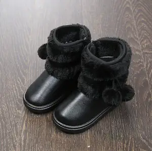 Теплые зимние ботинки из искусственной кожи для малышей, детские ботинки с меховым помпоном