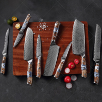 KEENHOPE 8-Pieces Set Pisau Dapur Baja Damascus Jepang VG10 10Cr15CoMoV Gagang Resin Komposit Kayu Herringbone Maple Burl