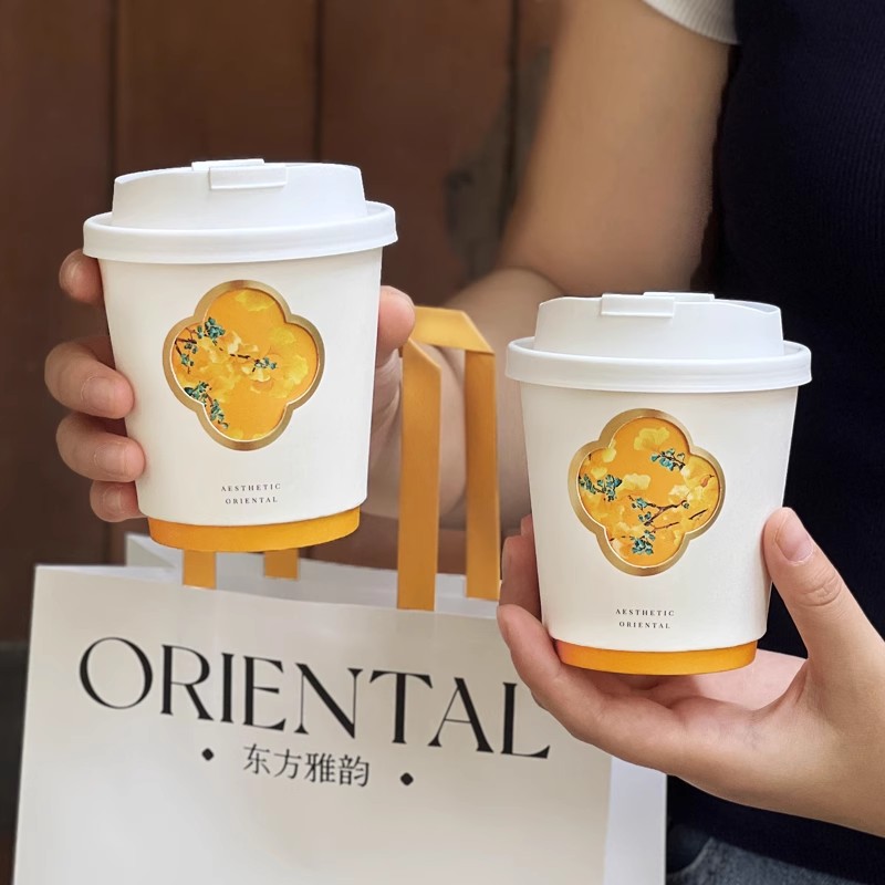 New Design Luxurious Flower Patterns Paper Cup Eco-friendly Food-grade White TakeAway Paper Coffee Packaging Cup