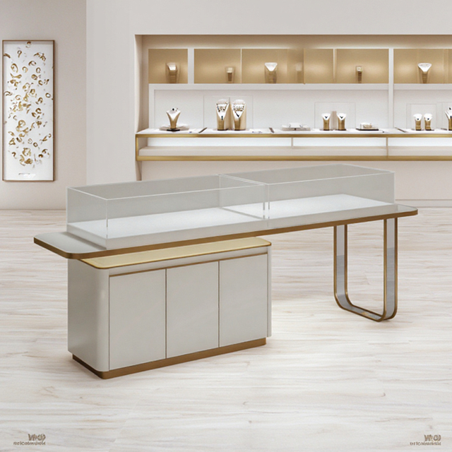 Custom Rectangle Glass and Solid Wood Jewelry Showcase with LED Lighting, Luxury Retail Display Cabinet