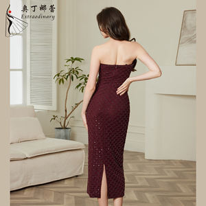 <span class=keywords><strong>Vestito</strong></span> aderente senza spalline con motivo a squame di pesce abito da Cocktail abito formale ad alta elasticità <span class=keywords><strong>bordeaux</strong></span> senza maniche - Product Image 2