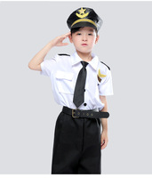 Costume de Pilote Unisexe pour Enfants, 4 Pièces, Chemise à Manches Courtes, Pantalon, Uniforme de Capitaine de Compagnie Aérienne, avec Chapeau, Cravate, Costumes de Carrière