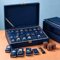 2026 Luxe Bleu foncé Motif Lotus en relief et Grue à couronne blanche en bambou Tuiles de Mahjong américaines sculptées Ensemble pour Cadeau et Collection