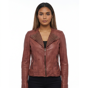 Wholesale Women Genuine Leather Studded <b>Jacket</b> Distressed <b>Punk</b> Biker Coat Custom Polyester Lining Slim Fit Winter XL - Product Image 1
