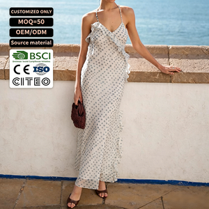 Robe longue bohème personnalisée à pois, col halter, volants, en mousseline fluide, pour la plage et les vacances, pour femme, usage quotidien - Product Image 1