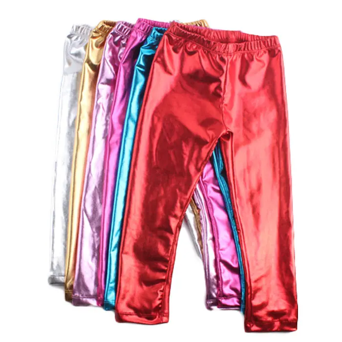 Pantalones hasta el tobillo a la moda para niños pequeños, mallas elásticas metálicas, pantalones brillantes metálicos para niñas