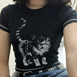 Camiseta de Verano para Mujer, Estilo Y2K, Estampado Animal, Ecológica, Transpirable, Cuello Redondo en Color Contrastante, Tejido Elástico, Manga Corta, Casual, Básica - Product Image 1