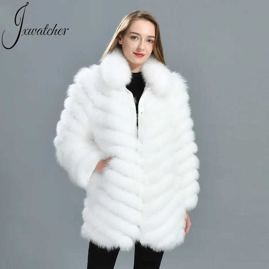 Wholesale Double-sided Reversible Anti-shrink Removable Collar Women Silk Fabric Jackets Winter Real Fox Fur Long Silk Fur Coat