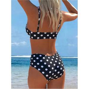Traje de Baño de Dos Piezas Personalizado para Mujer, Bikini Bandeau de Cintura Alta con Estampado de Puntos, Traje de Baño Elástico de Spandex y Poliéster - Product Image 1