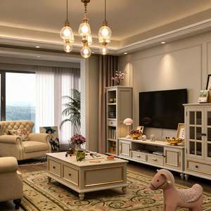 BALOM European Style Wooden <b>TV</b> Cabinet Living Room Furniture Set with Storage Drawers Classic Carved White <b>TV</b> <b>Stand</b> Design - Product Image 6