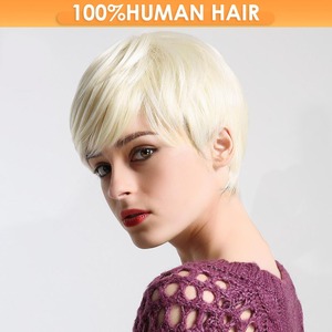 Perruque <span class=keywords><strong>courte</strong></span> 100 % cheveux humains naturels, fabriquée à la machine, sans lacet, 4 pouces, mélange blond 613, noir et blanc, pour femmes, <span class=keywords><strong>coiffure</strong></span> sans frange - Product Image 1