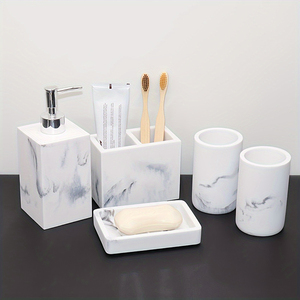Bộ đồ dùng nhà tắm bằng đá nhân tạo 5 món thiết kế tùy chỉnh, màu đen trắng, khay nhựa resin, tính năng độc đáo cho phòng tắm - Product Image 1