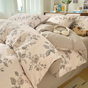 100% Jet-Spun Cotton Blue Orange Rose Floral Bedding Set 4Pcs, Reversible Light Blue Solid <strong>Duvet</strong> Cover Set - Product Image 5