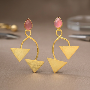 Drop Triangle with Stone Leaf Shape Cuff <b>Earrings</b> Featuring Pearl and <b>Hook</b> Design Unisex Jewelry - Product Image 2
