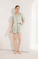 FUNG 3034 Piyama Wanita Mewah Warna Solid Lembut Lengan Pendek Bahan Sutra 80% poliester & 20% spandeks Set Piyama 2 Potong Baju Tidur