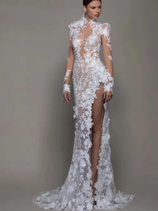 Encantadora Bata de Novia con Apliques de <span class=keywords><strong>Flores</strong></span> 3D Ilusión Sexy y Abertura Alta Vestido de Novia Sirena Vintage Largo Robe De Mariée - Product Image 4