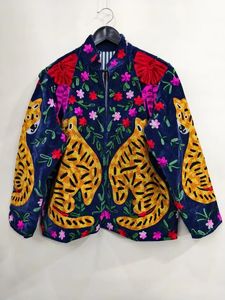 Hand Embroidered Breathable Cotton Velvet Safari <b>Jacket</b> <b>Mandarin</b> <b>Collar</b> Full Sleeve Floral Pattern Tiger Design Women's Finished - Product Image 2