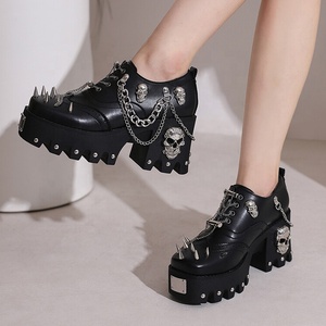 Large Size 46 Style Metal Decor Pumps Fashion Rivets Chunky Heels <b>Shoes</b> Women Lace up Chain Causal Booties - Product Image 3