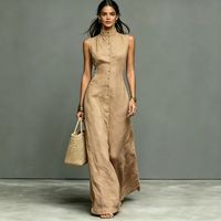 Nouvelle Robe Longue Maxi Élégante et Minimaliste pour Femme 2026, Col Montant, Boutonnage Simple, Sans Manches, Idéale pour Tenue Quotidienne ou Formelle
