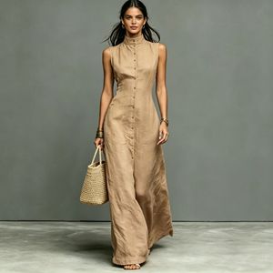Cross-border for 2026 New <strong>Women</strong> Minimalist Style Polyester Splicing <strong>Summer</strong> Single-breasted Sleeveless <strong>Long</strong> <strong>Dress</strong> - Product Image 4