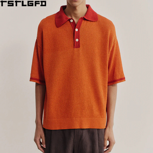 Polo en maille personnalisé pour homme, orange et bordeaux, col et poignets contrastants, coupe oversize, manches courtes, fabricants de polos pour hommes en gros - Product Image 1