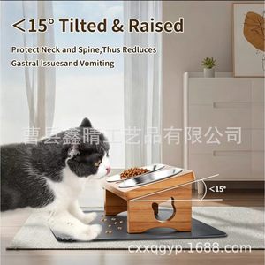 Comedero doble inclinado de madera maciza para gatos y cachorros, con soporte para el cuello, para uso doméstico y transfronterizo. - Product Image 4