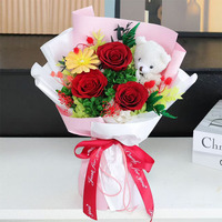 Bouquet de 3 roses éternelles avec ours en peluche mignon, emballage minimaliste, cadeau romantique pour la Saint-Valentin, remise de diplôme, souvenir