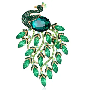 Broche de Animal grande para mujer, broche de pavo real con diamantes de imitación de cristal verde