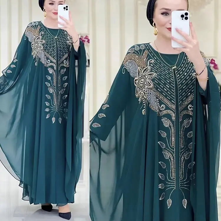 Wholesale Turkey Rhinestone Chiffon Muslim Maxi Dress Abaya 2 Piece Set For Women