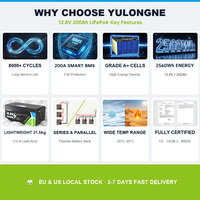 Batterie LiFePO4 à semi-conducteurs 12,8 V 200 Ah 2560 Wh avec BMS intelligent intégré, 8000 cycles, pour énergie solaire domestique hors réseau