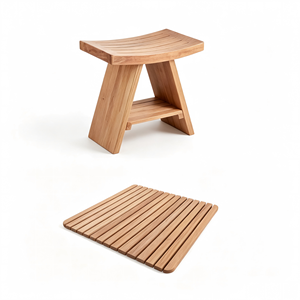 2 Pieces Solid Teak Shower Set <strong>Curved</strong> Shower Stool with Storage Shelf +Square Slatted <strong>Bath</strong> <strong>Mat</strong> - Product Image 1