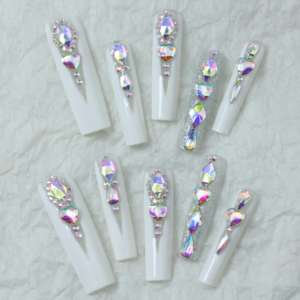 Uñas acrílicas artesanales de alta gama al por mayor, uñas postizas cuadradas de cobertura completa, con purpurina blanca, diseño de diamantes de imitación, personalizables. - Product Image 3