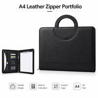 Portafolio de Cuero A4 con Cierre y Asa, Calculadora, Portapapeles, Bolsa de Documentos de Cuero PU Encerado Premium para Reuniones, con Logotipo Personalizado