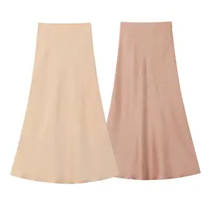 KAOPU ZA jupe midi en satin à taille élastique pour femmes jupe vintage taille haute à fermeture éclair latérale jupes pour femmes mujer