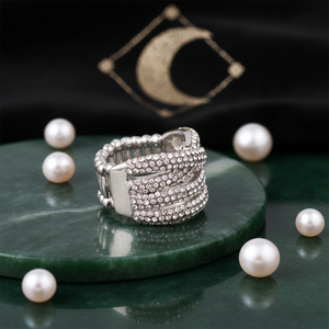 Anelli elasticizzati placcato in oro trandizionale a grappolo gemma di giada intarsio 18K luna forma geometrica gioielli alla moda con accenti di perle - Product Image 4