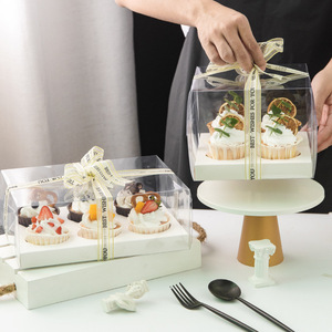 Eco Friendly Cake <strong>Box</strong> Transparent Plastic Small Paper Cupcake <strong>Box</strong> Packing 2/4/6/hole for Cake <strong>Desser</strong> With Tray - Product Image 1