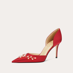 Zapatos Rojos Sexys con Pedrería en Forma de Flor, Zapatos de Tacón Alto de 6 cm/8 cm con Punta Puntiaguda para Mujer, Zapatos de Vestir para Fiesta, Boda - Product Image 1