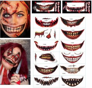 12 pegatinas de tatuajes de boca sonriente de Halloween, calcomanías de dientes sangrientos para la cara, arte corporal temporal de PVC removible para cosplay - Product Image 1