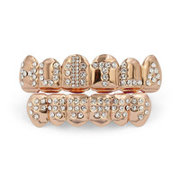 En gros Grillz dentaire complet avec lettres en strass, plaqué or, or rose et argent, style Hip Hop, pour dents supérieures et inférieures