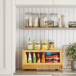 Boîte à pain en bambou à double couche, rangement de cuisine en bois avec porte en verre pour pâtisseries et en-cas - Product Image 4