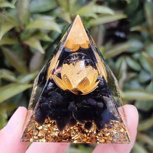 Crystal Chip Pyramid Resin Epoxy Craft Desktop Ornament With Lotus Design Feng Shui Home Decoration Living Room <b>Gift</b> - Product Image 1