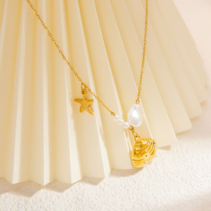 Collier pendentif étoile de mer en nacre pour femme, plaqué or 18 carats, chaîne de clavicule en acier inoxydable, accessoire de bijouterie cadeau - Product Image 4
